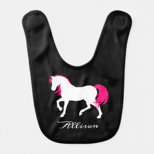 Cute Elegant Black White & Hot Pink Horse Add Name Baby Bib