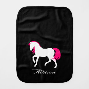 Cute Elegant Black White & Hot Pink Horse Add Name Baby Burp Cloth