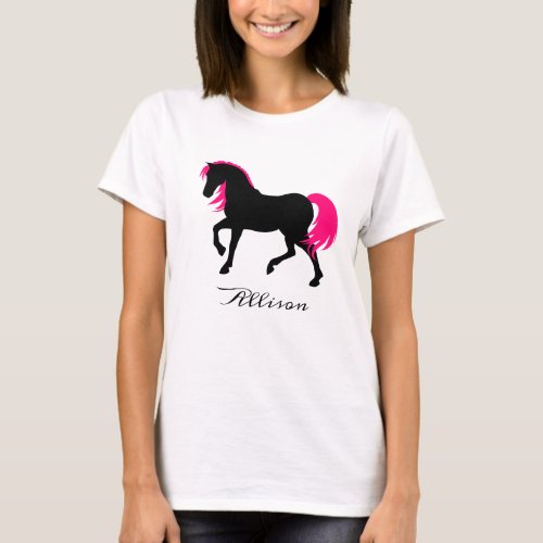 Cute Elegant Black White  Hot Pink Horse Add Name T_Shirt