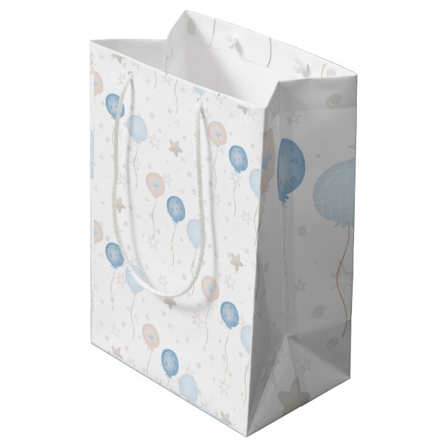 Cute Elegant Blue Ivory Balloons Boy Baby  Medium Gift Bag (Back Angled)