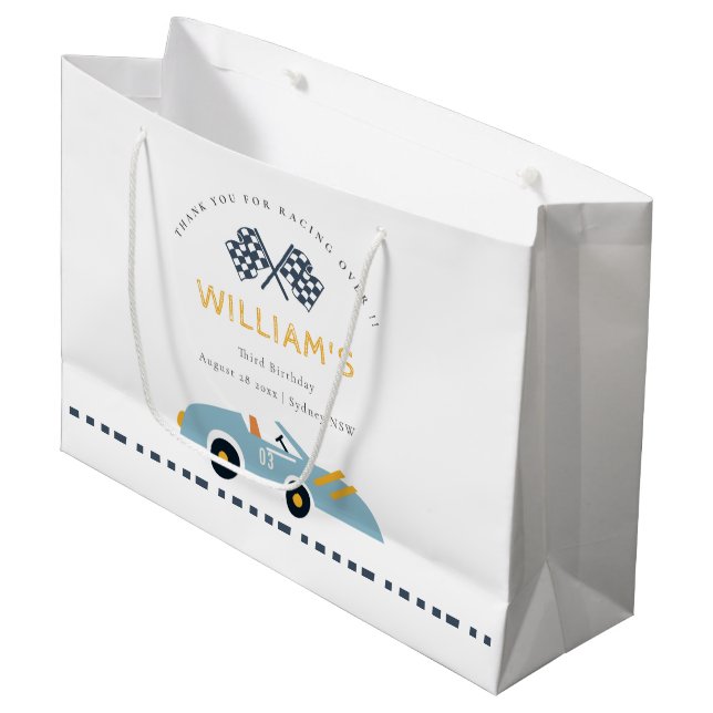 Cute Elegant Blue Race Car Kids Any Age Birthday Large Gift Bag (Front Angled)