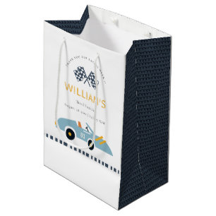 Cute Elegant Blue Race Car Kids Any Age Birthday Medium Gift Bag