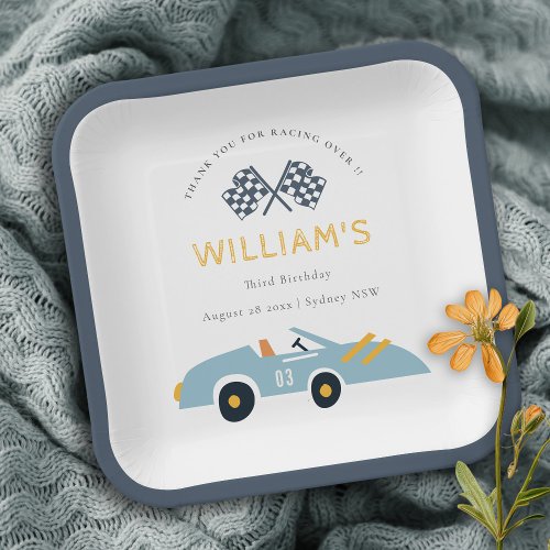 Cute Elegant Blue Race Car Kids Any Age Birthday Paper Plates