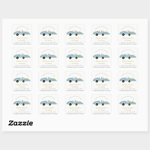 Cute Elegant Blue Race Car Kids Any Age Birthday Square Sticker | Zazzle