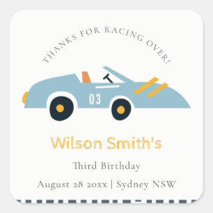 Cute Elegant Blue Race Car Kids Any Age Birthday Square Sticker