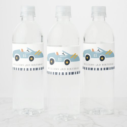 Cute Elegant Blue Race Car Kids Any Age Birthday Water Bottle Label