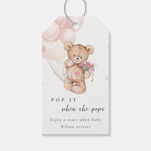 Cute Elegant Blush Bear Balloon Pop It Baby Shower Gift Tags
