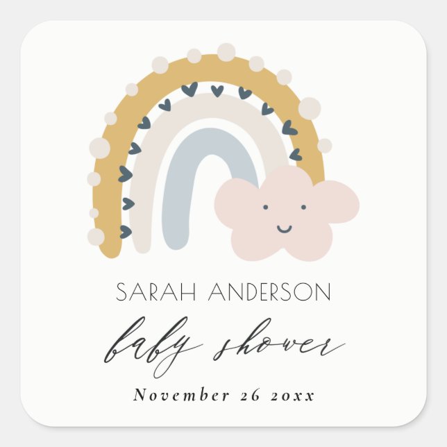 CUTE ELEGANT BLUSH BLUE CLOUD RAINBOW BABY SHOWER SQUARE STICKER (Front)