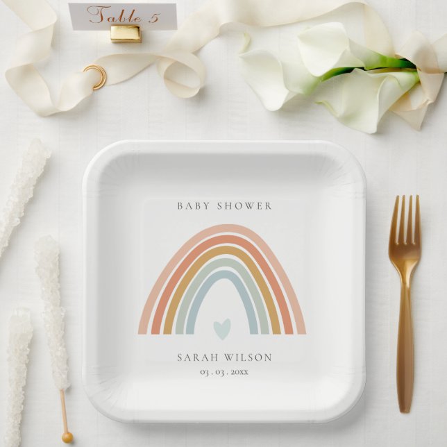 Cute Elegant Blush Blue Heart Rainbow Baby Shower Paper Plates (Wedding)