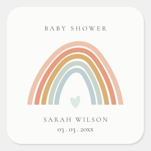 Cute Elegant Blush Blue Heart Rainbow Baby Shower  Square Sticker