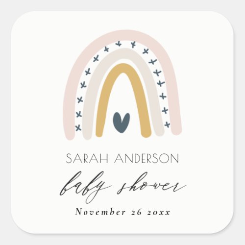 CUTE ELEGANT BLUSH BLUE HEART RAINBOW BABY SHOWER SQUARE STICKER