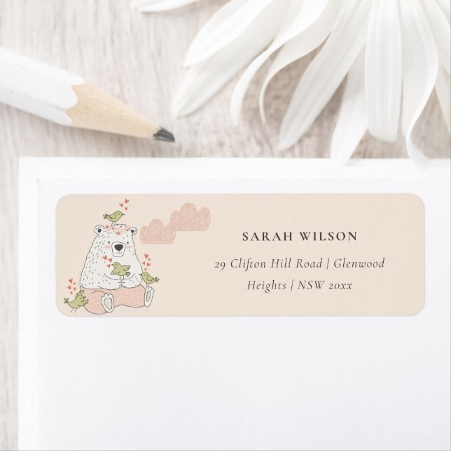 Cute Elegant Blush Pink Bear Heart Birds Address Label (Insitu)