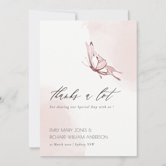 CUTE ELEGANT BLUSH WATERCOLOR BUTTERFLY WEDDING  THANK YOU CARD (Front)