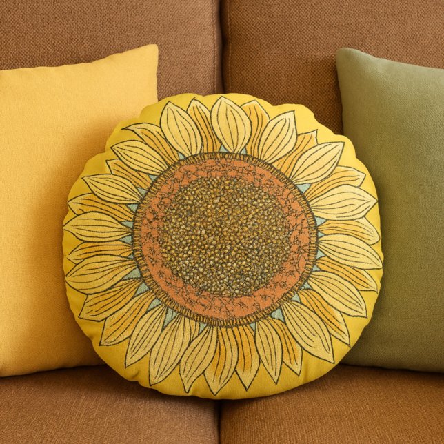   Cute Elegant Boho Farmhouse Yellow Sunflower Art Round Pillow (Creator Uploaded)