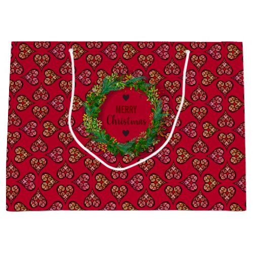 Cute  Elegant Boho Hearts Red Vintage Pattern Large Gift Bag