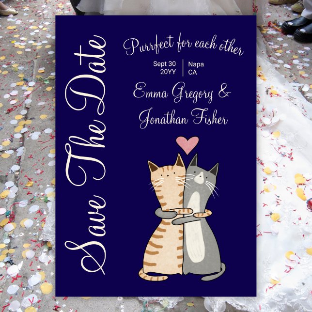 Cute Elegant Cat Cartoon Purrfect Pun Wedding Save The Date (Creator Uploaded)