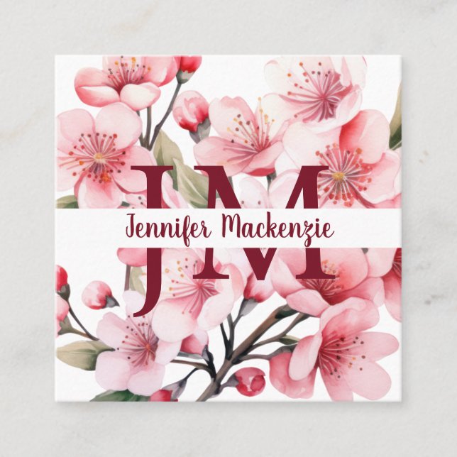 Cute Elegant Cherry Blossoms Floral Square Business Card (Front)
