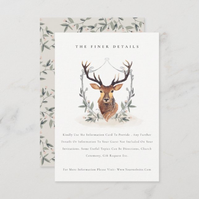 Cute Elegant Deer Floral Crest Wedding Details Enclosure Card (Front/Back)
