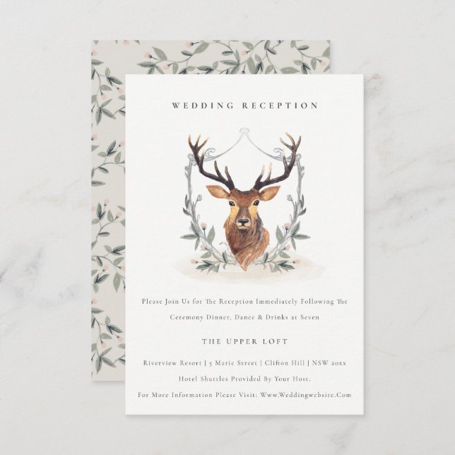 Cute Elegant Deer Floral Crest Wedding Reception Enclosure Card (Front/Back)