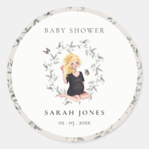 Cute Elegant Expectant Women Foliage Baby Shower Classic Round Sticker