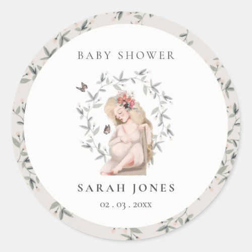 Cute Elegant Expectant Women Foliage Baby Shower  Classic Round Sticker