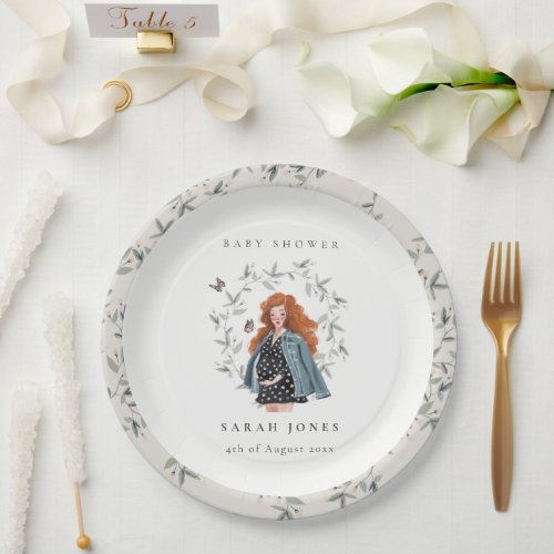 Cute Elegant Expectant Women Foliage Baby Shower Paper Plates