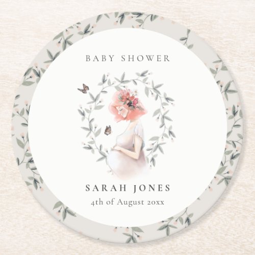 Cute Elegant Expectant Women Foliage Baby Shower Round Paper Coaster