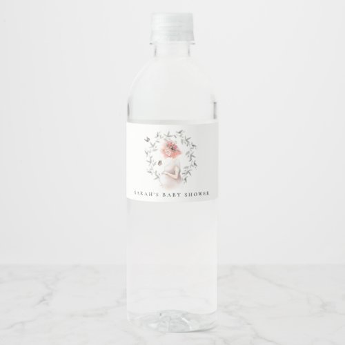 Cute Elegant Expectant Women Foliage Baby Shower Water Bottle Label