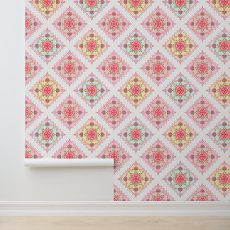 Cute Elegant Floral in Diamond Tiles Pattern Wallpaper