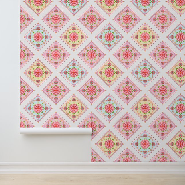 Cute Elegant Floral in Diamond Tiles Pattern  Wallpaper (Application)