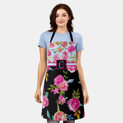 Cute Elegant Floral Personalized Monogram Apron