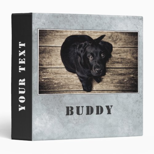 Cute Elegant Grey Pet Dog Photo Album Binder - Cute and elegant bright grey pet dog photo album. The binder has a photo of a pet and the pet`s name on a bright grey background texture. Personalize the binder with your dog or any other pet photo and your dog or pet name. The spine is in dark grey color with white text - change or erase the text on the spine. A great keepsake gift, photo album, a scrapbook album, in memory of, notes and more for your dog or pet.