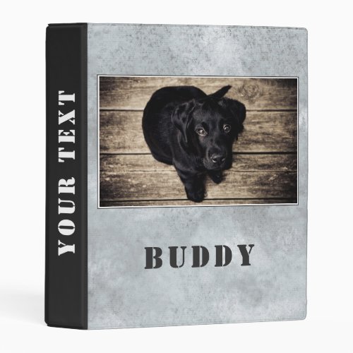 Cute Elegant Grey Pet Dog Photo Album Mini Binder - Cute and elegant bright grey pet dog photo album. The binder has a photo of a pet and the pet`s name on a bright grey background texture. Personalize the binder with your dog or any other pet photo and your dog or pet name. The spine is in dark grey color with white text - change or erase the text on the spine. A great keepsake gift, photo album, a scrapbook album, in memory of, notes and more for your dog or pet.