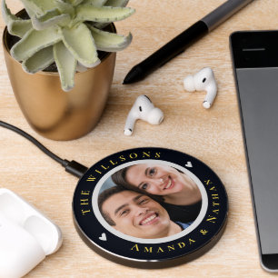 Cute Elegant heart Family Name Classy Photo Wireless Charger