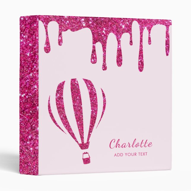 Cute elegant hot pink glitter monogram 3 ring binder (Front/Spine)