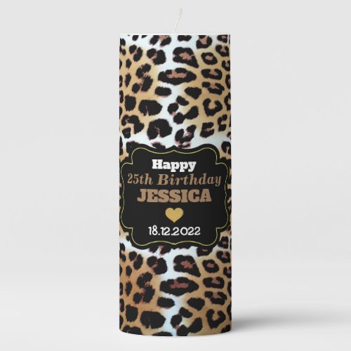 Cute Elegant Leopard Print Happy 25th Birthday Pillar Candle