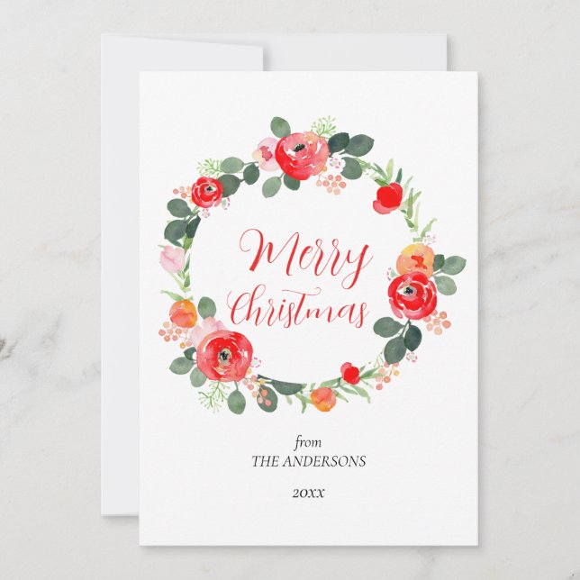 Cute Elegant Merry Christmas Floral Wreath Holiday Card (Front)