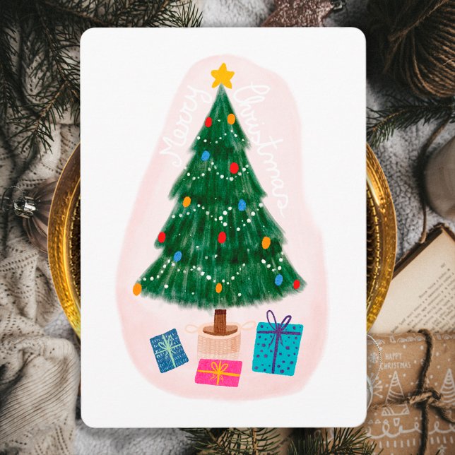 Cute Elegant Merry Christmas Tree With Presents Holiday Card (Front)