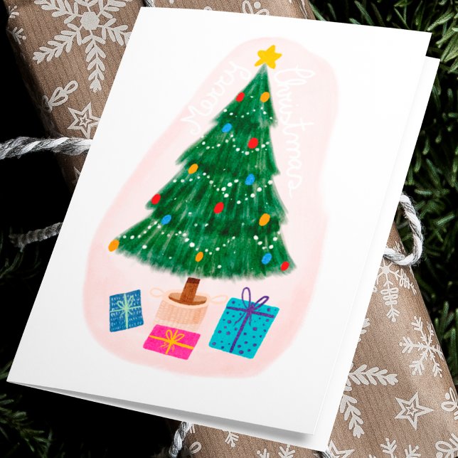 Cute Elegant Merry Christmas Tree With Presents Holiday Card (Front)