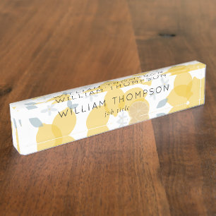 Cute Elegant Modern Pastel Citrus Lemons Pattern Desk Name Plate