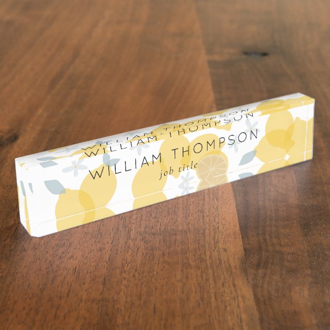 Cute Elegant Modern Pastel Citrus Lemons Pattern Desk Name Plate (Side)