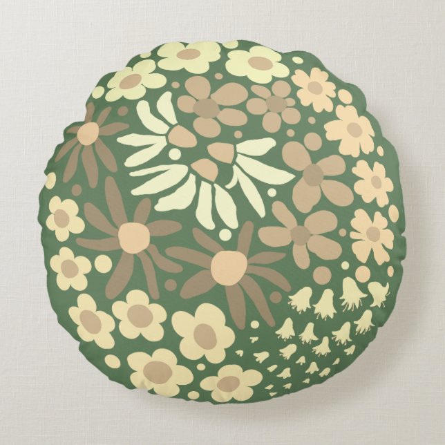 Cute Elegant Modern Retro Beige Flowers Sage Round Pillow (Front)