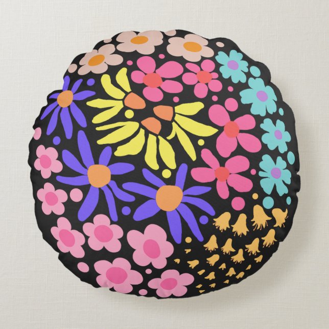 Cute Elegant Modern Retro Flowers Black Round Pillow (Front)