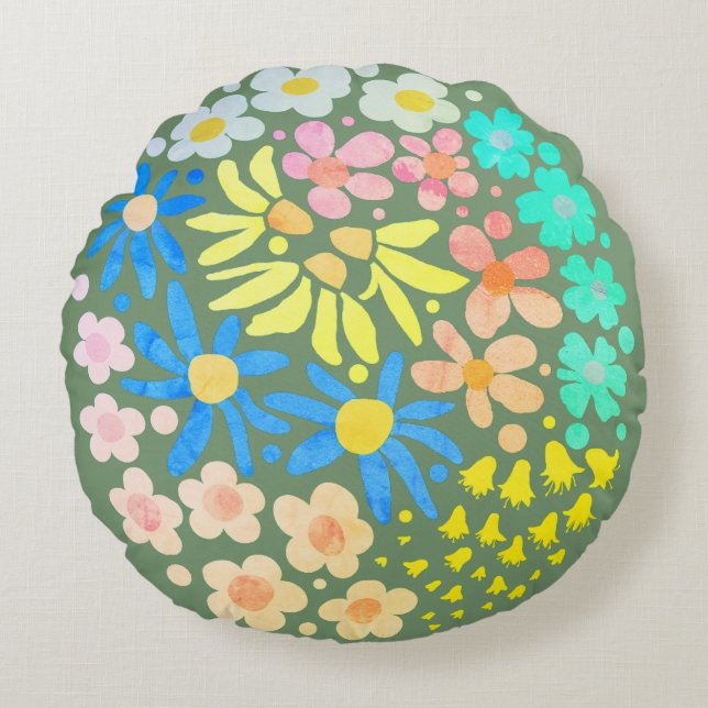 Cute Elegant Modern Retro Flowers Sage Round Pillow (Front)