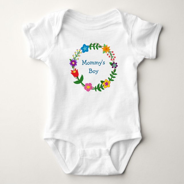 Cute Elegant Mommy's Boy Love Floral Frame Flowers Baby Bodysuit (Front)