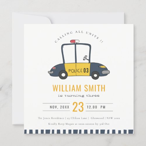 Cute Elegant Navy Police Car Kids Any Age Birthday Invitation