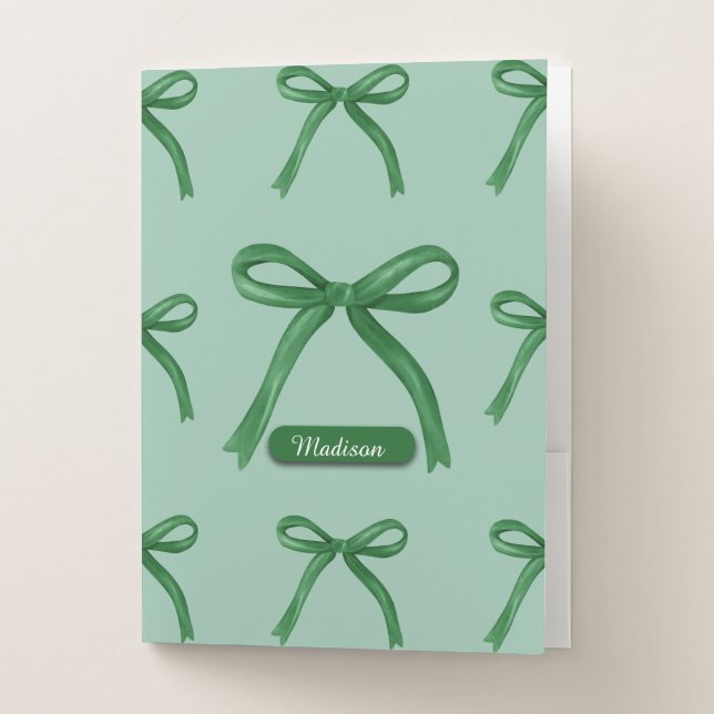 Cute elegant personalized green bow pattern pocket folder (Front)