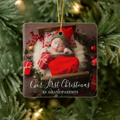 Cute Elegant Photo Grandparents First Christmas Ceramic Ornament