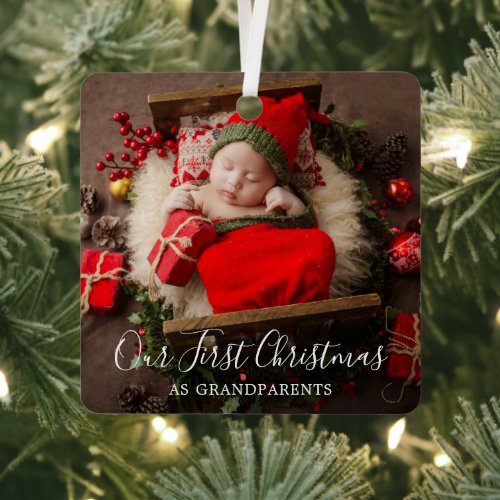 Cute Elegant Photo Grandparents First Christmas Metal Ornament