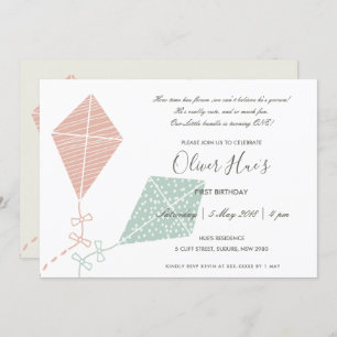 CUTE ELEGANT PINK BLUE KITE KIDS TODDLER BIRTHDAY INVITATION